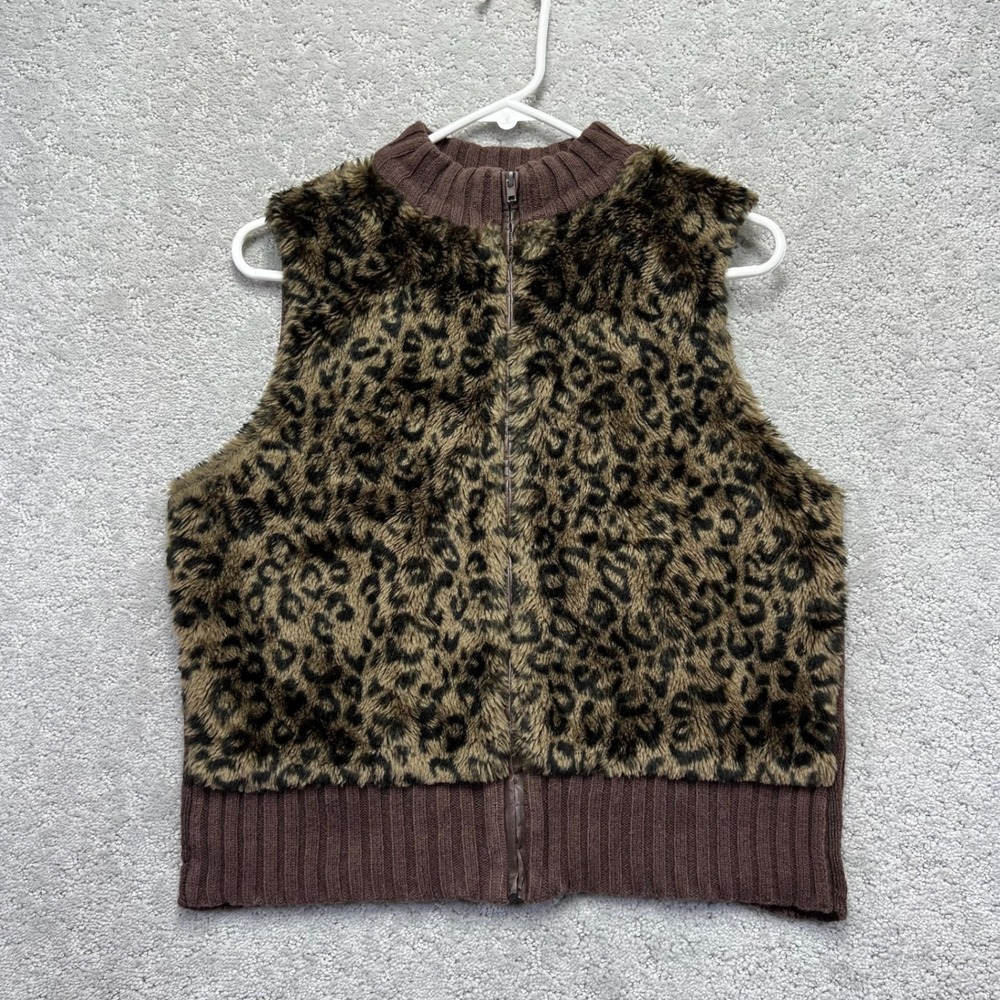 Derek Heart Vest Womens Large Brown Leopard Print Faux Fur Zip Up Ribbed Knit